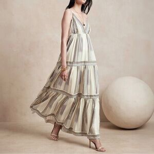 BANANA REPUBLIC Zephyr Tiered Maxi Dress Gold Stripe Boho Luxe Coastal Cowgirl M